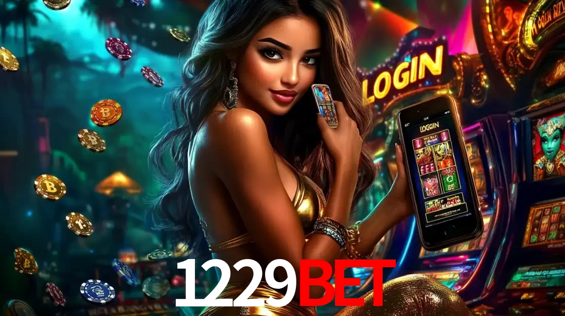 Mulher em um cenário de cassino temático de aventura, mostrando o app de caça-níqueis da 1229bet no celular. Fichas de apostas flutuam ao redor.