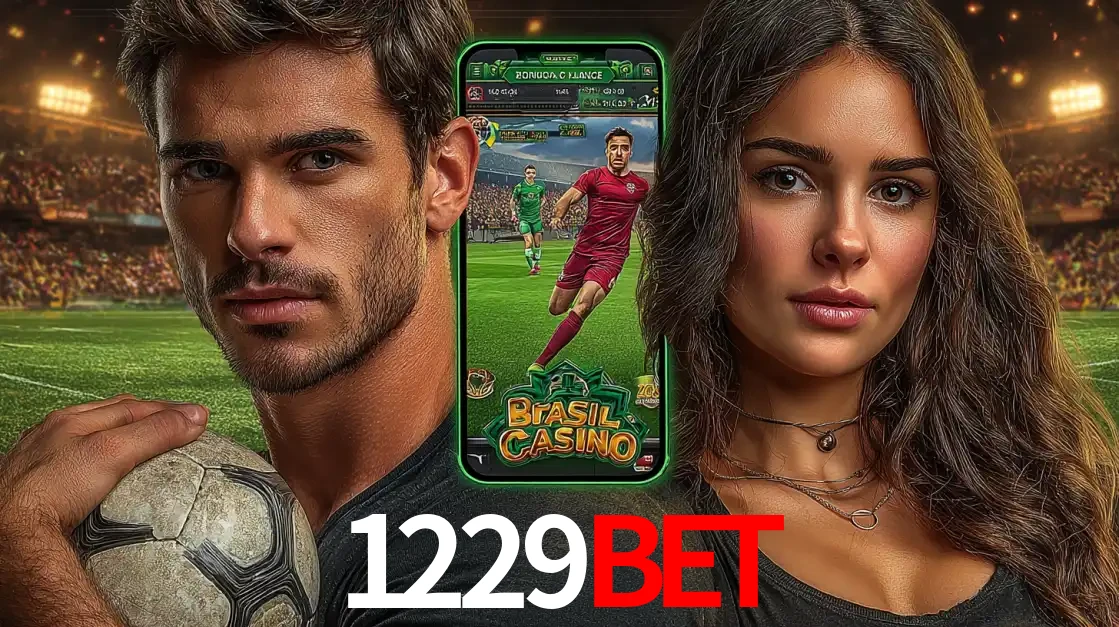 Homem segurando uma bola de futebol e uma mulher ao lado de um smartphone exibindo o jogo de apostas esportivas da 1229bet. Faça seu palpite no cassino online.